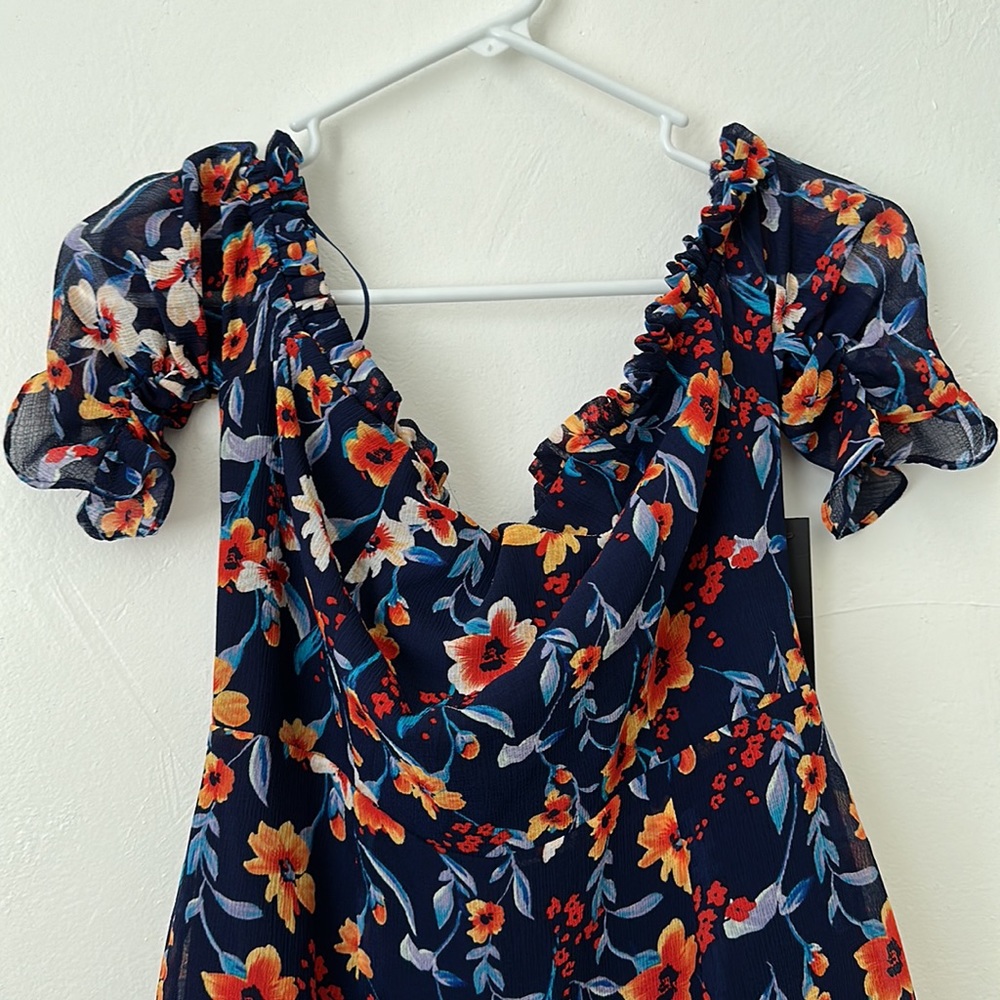 Cynthia Steffe Blue Floral Print Off the Shoulder dress